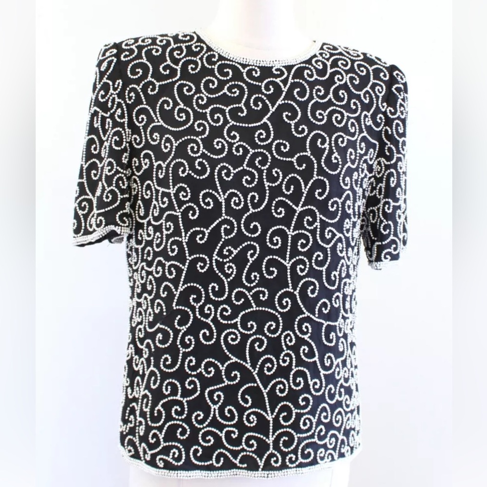 Vintage Lawrence Kazan Black Silk Blouse with White Pearl Embellishments. SP